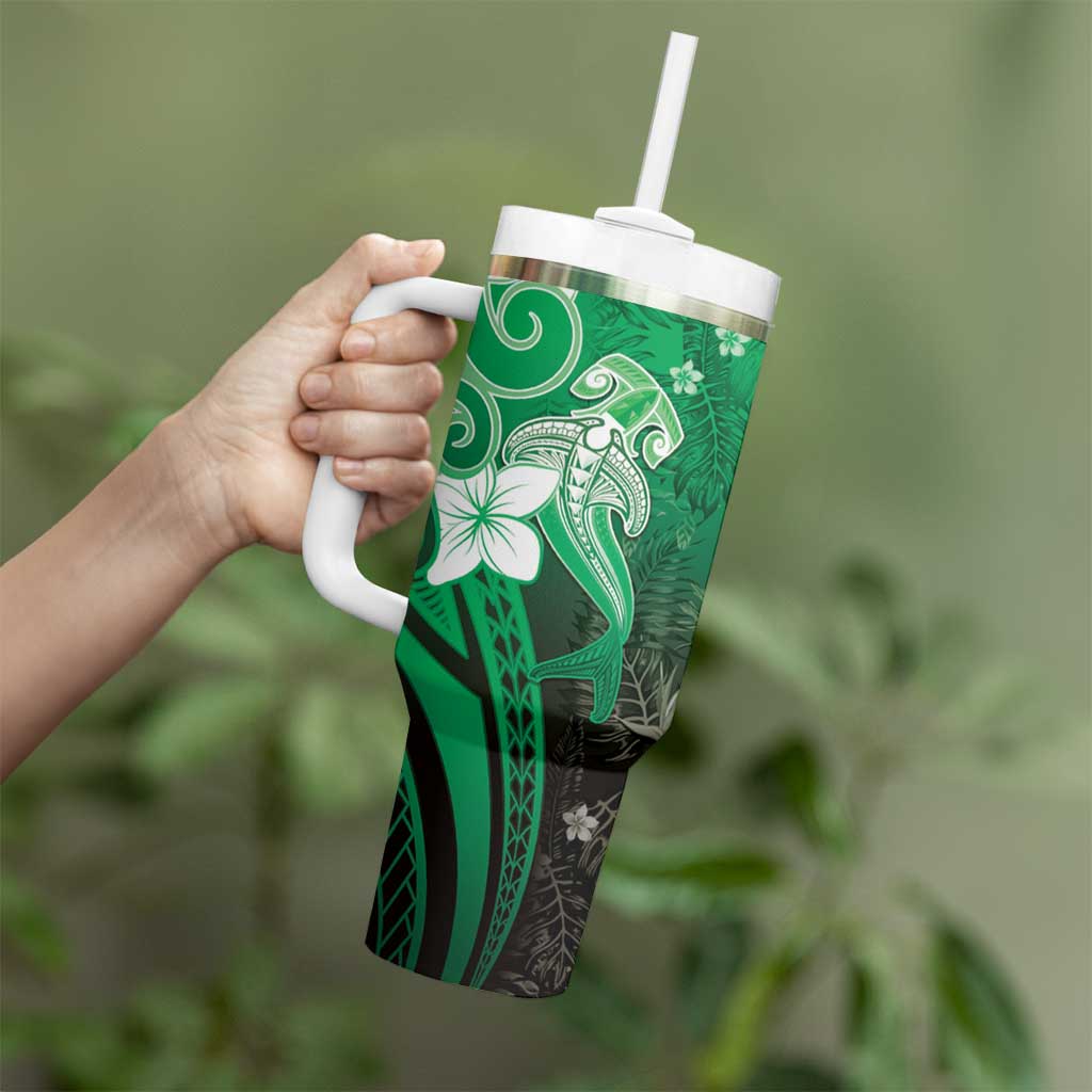 Polynesia Hammerhead Shark Tumbler With Handle Green Tribal Pattern With Plumeria - Polynesian Pride