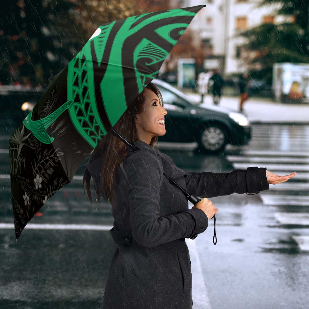 Polynesia Hammerhead Shark Umbrella Green Tribal Pattern With Plumeria - Polynesian Pride
