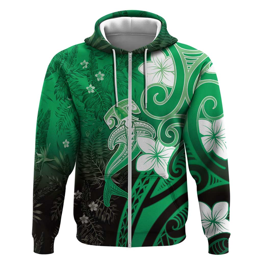 Polynesia Hammerhead Shark Zip Hoodie Green Tribal Pattern With Plumeria - Polynesian Pride