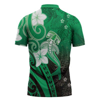 Polynesia Hammerhead Shark Zipper Polo Shirt Green Tribal Pattern With Plumeria - Polynesian Pride