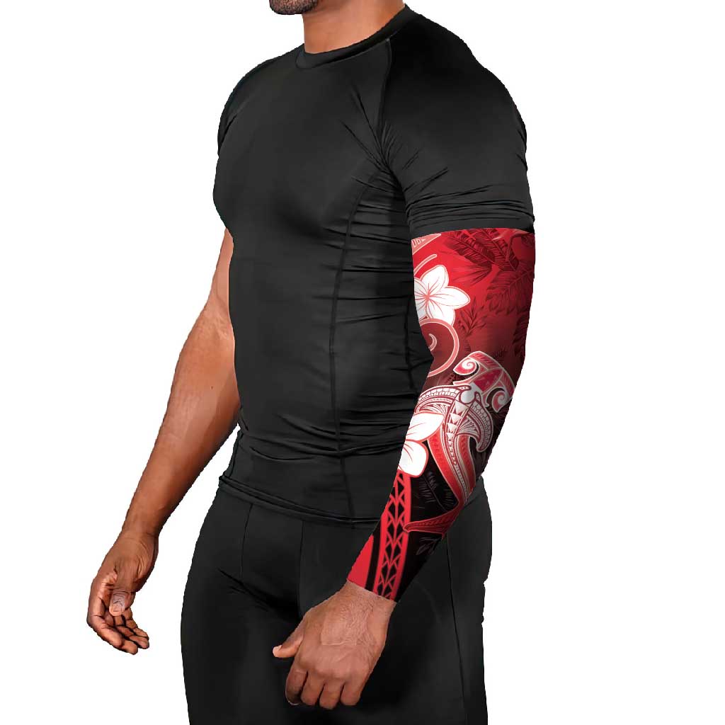 Polynesia Hammerhead Shark Arm Sleeves Red Tribal Pattern With Plumeria - Polynesian Pride