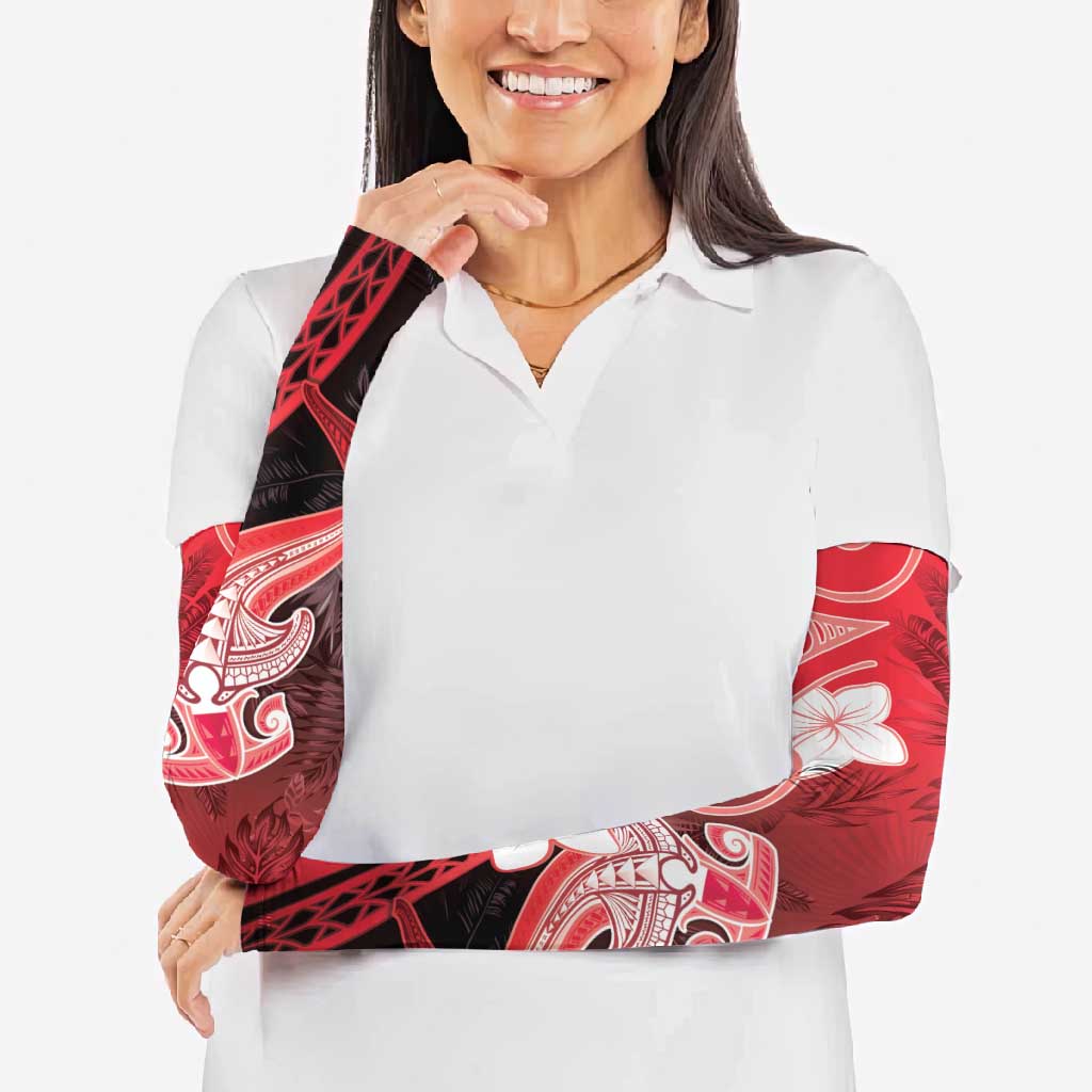 Polynesia Hammerhead Shark Arm Sleeves Red Tribal Pattern With Plumeria - Polynesian Pride