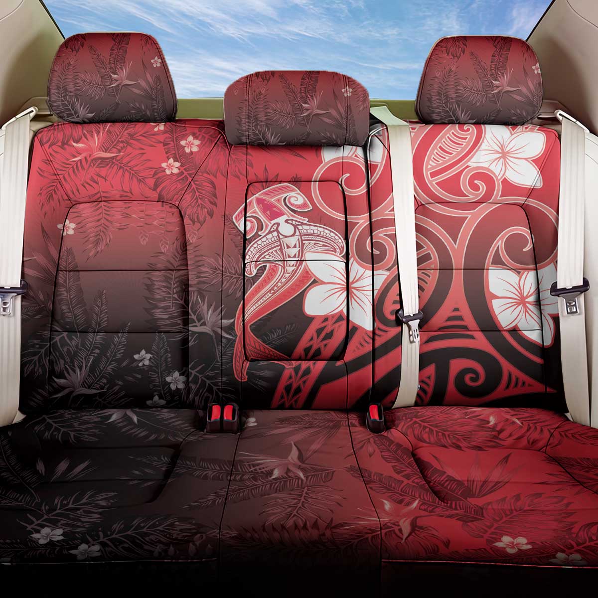 Polynesia Hammerhead Shark Back Car Seat Cover Red Tribal Pattern With Plumeria - Polynesian Pride