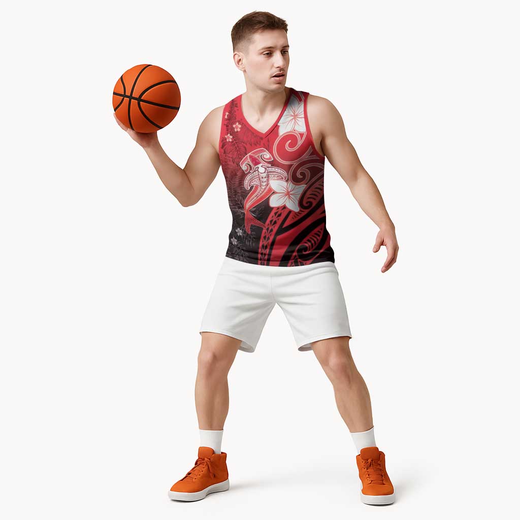 Polynesia Hammerhead Shark Basketball Jersey Red Tribal Pattern With Plumeria - Polynesian Pride