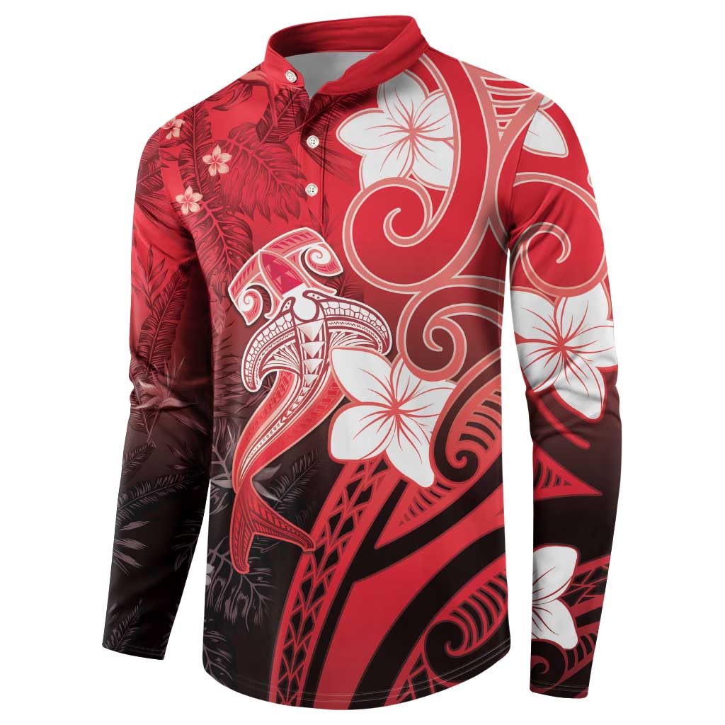 Polynesia Hammerhead Shark Button Sweatshirt Red Tribal Pattern With Plumeria - Polynesian Pride