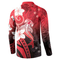 Polynesia Hammerhead Shark Button Sweatshirt Red Tribal Pattern With Plumeria - Polynesian Pride