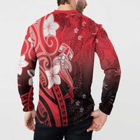 Polynesia Hammerhead Shark Button Sweatshirt Red Tribal Pattern With Plumeria - Polynesian Pride