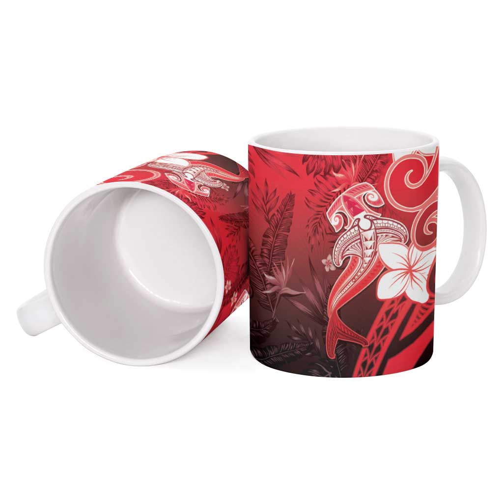 Polynesia Hammerhead Shark Ceramic Mug Red Tribal Pattern With Plumeria - Polynesian Pride
