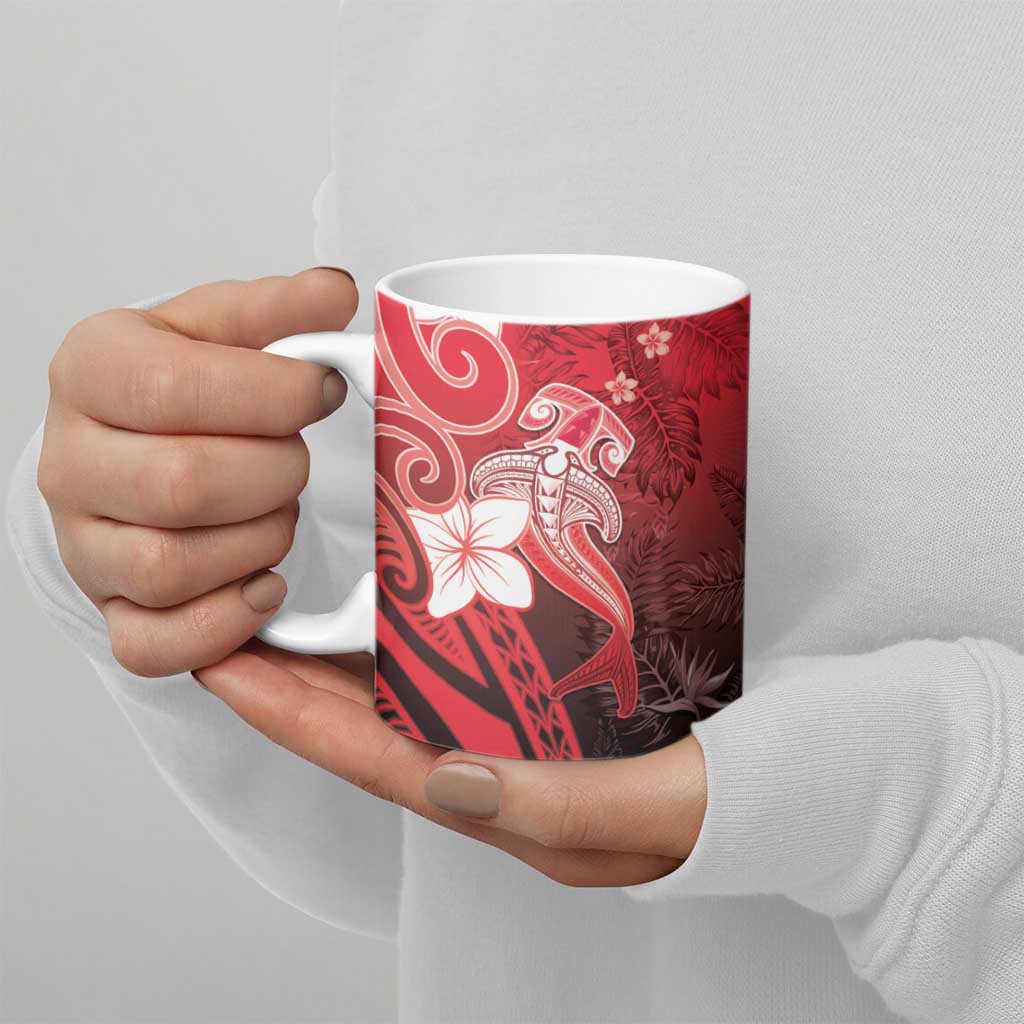 Polynesia Hammerhead Shark Ceramic Mug Red Tribal Pattern With Plumeria - Polynesian Pride