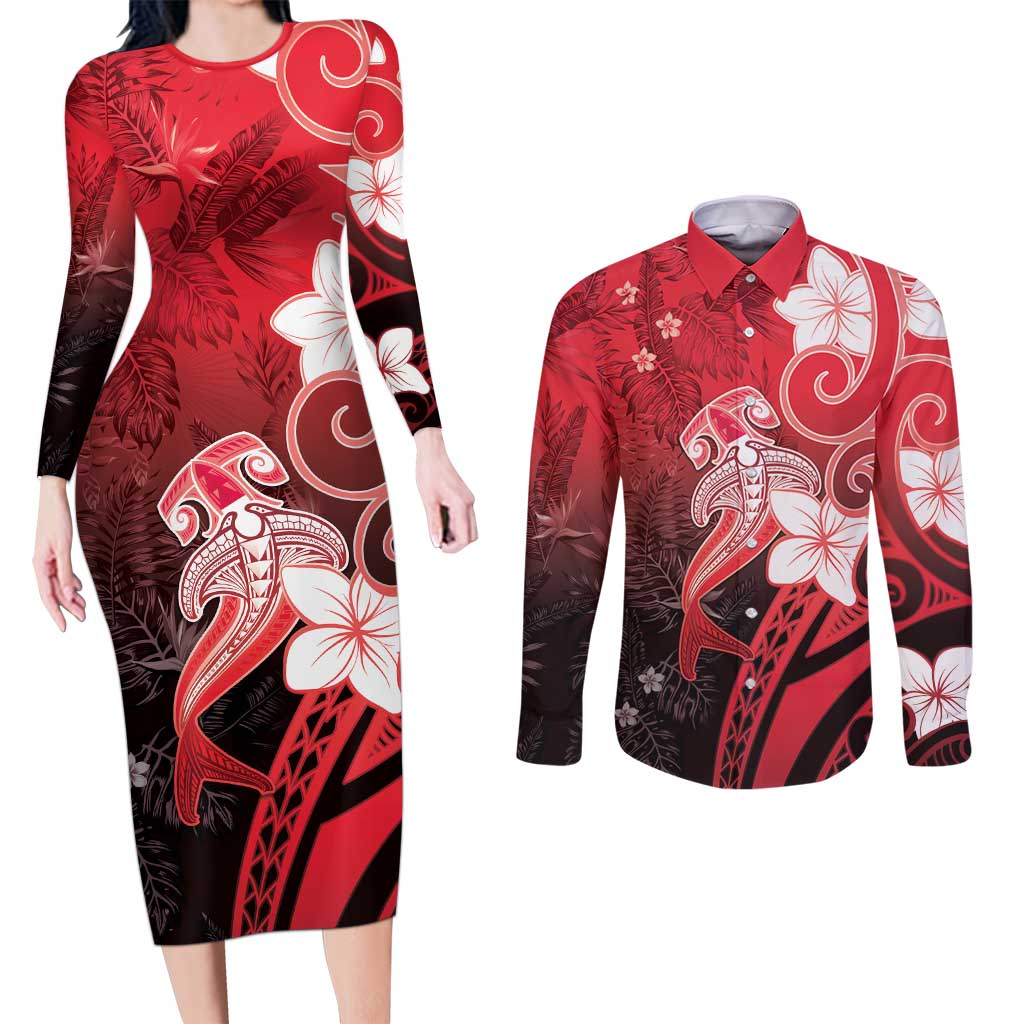 Polynesia Hammerhead Shark Couples Matching Long Sleeve Bodycon Dress and Long Sleeve Button Shirt Red Tribal Pattern With Plumeria - Polynesian Pride