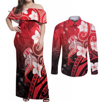 Polynesia Hammerhead Shark Couples Matching Off Shoulder Maxi Dress and Long Sleeve Button Shirt Red Tribal Pattern With Plumeria - Polynesian Pride