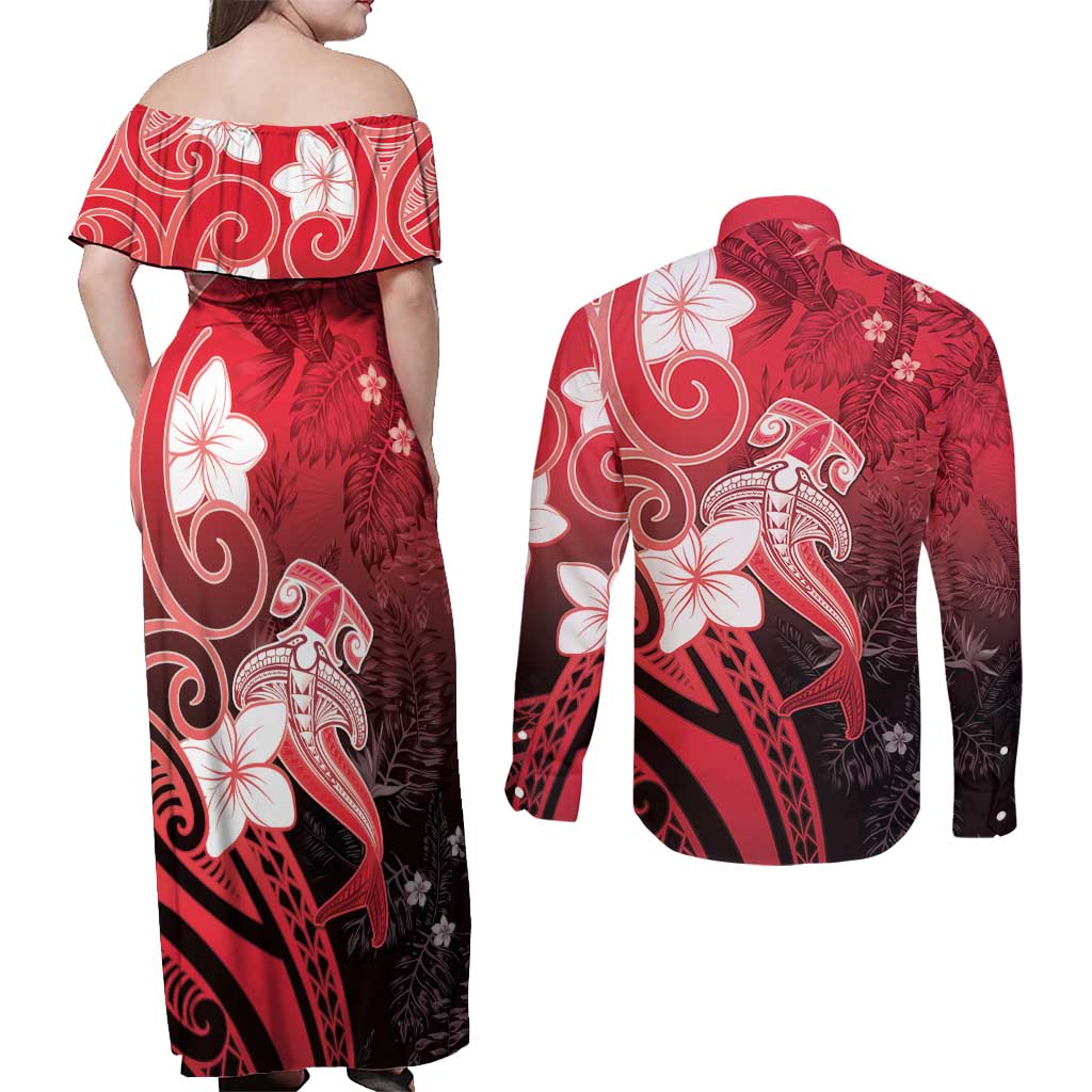 Polynesia Hammerhead Shark Couples Matching Off Shoulder Maxi Dress and Long Sleeve Button Shirt Red Tribal Pattern With Plumeria - Polynesian Pride