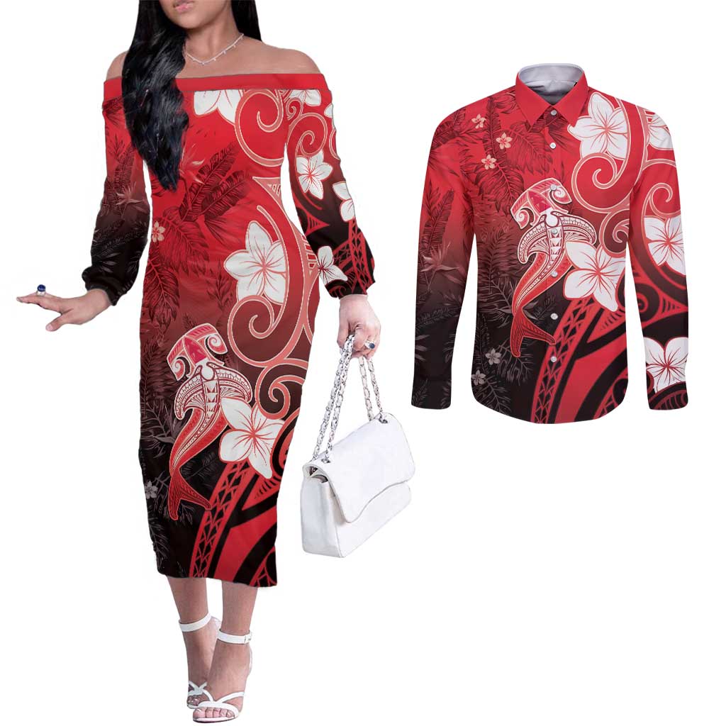 Polynesia Hammerhead Shark Couples Matching Off The Shoulder Long Sleeve Dress and Long Sleeve Button Shirt Red Tribal Pattern With Plumeria - Polynesian Pride