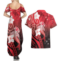 Polynesia Hammerhead Shark Couples Matching Summer Maxi Dress and Hawaiian Shirt Red Tribal Pattern With Plumeria - Polynesian Pride