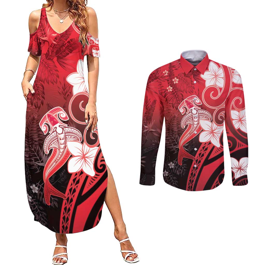 Polynesia Hammerhead Shark Couples Matching Summer Maxi Dress and Long Sleeve Button Shirt Red Tribal Pattern With Plumeria - Polynesian Pride