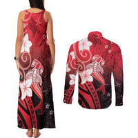 Polynesia Hammerhead Shark Couples Matching Tank Maxi Dress and Long Sleeve Button Shirt Red Tribal Pattern With Plumeria - Polynesian Pride