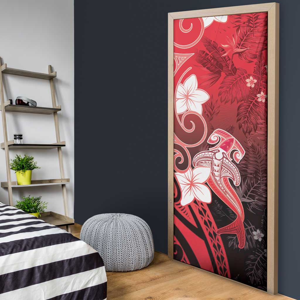 Polynesia Hammerhead Shark Door Cover Red Tribal Pattern With Plumeria - Polynesian Pride