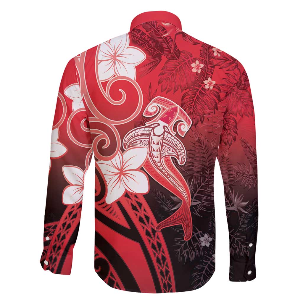 Polynesia Hammerhead Shark Family Matching Long Sleeve Bodycon Dress and Hawaiian Shirt Red Tribal Pattern With Plumeria LT05 - Polynesian Pride
