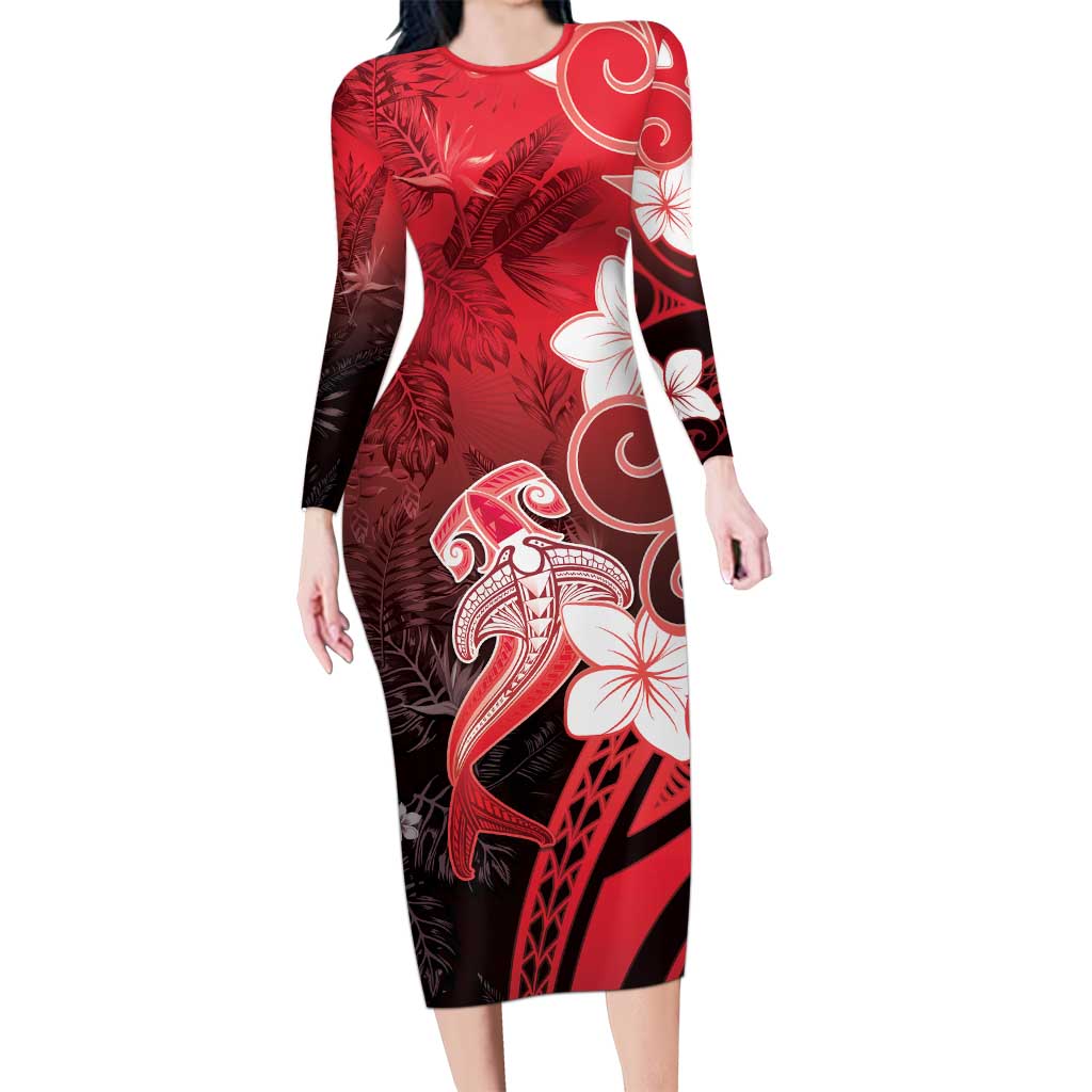 Polynesia Hammerhead Shark Family Matching Long Sleeve Bodycon Dress and Hawaiian Shirt Red Tribal Pattern With Plumeria LT05 Mom's Dress Red - Polynesian Pride
