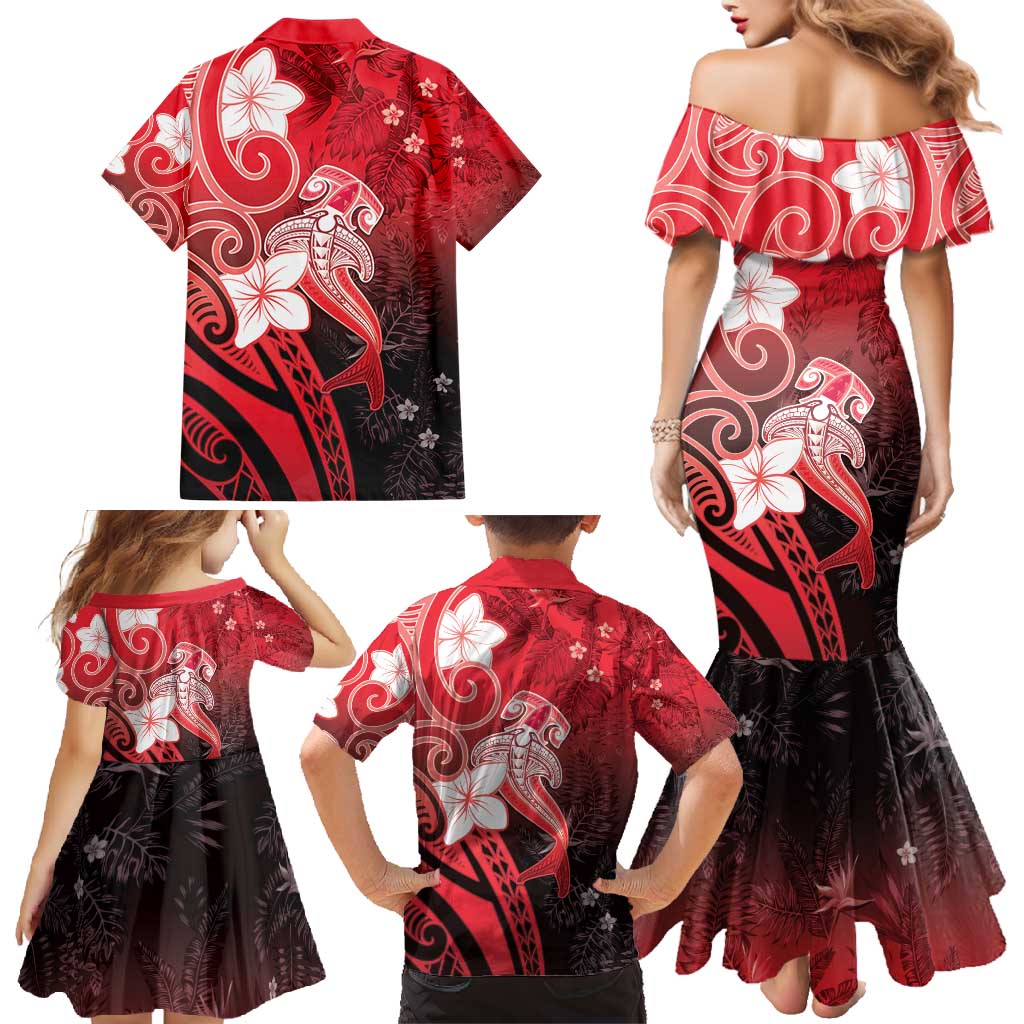 Polynesia Hammerhead Shark Family Matching Mermaid Dress and Hawaiian Shirt Red Tribal Pattern With Plumeria - Polynesian Pride
