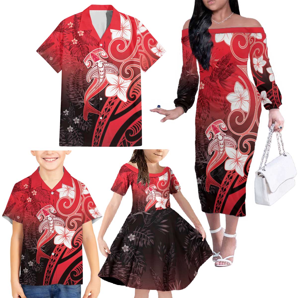 Polynesia Hammerhead Shark Family Matching Off The Shoulder Long Sleeve Dress and Hawaiian Shirt Red Tribal Pattern With Plumeria - Polynesian Pride