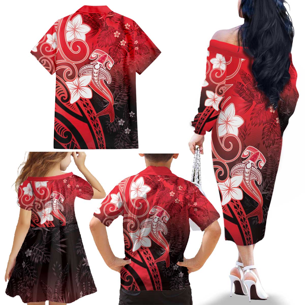 Polynesia Hammerhead Shark Family Matching Off The Shoulder Long Sleeve Dress and Hawaiian Shirt Red Tribal Pattern With Plumeria LT05 - Polynesian Pride