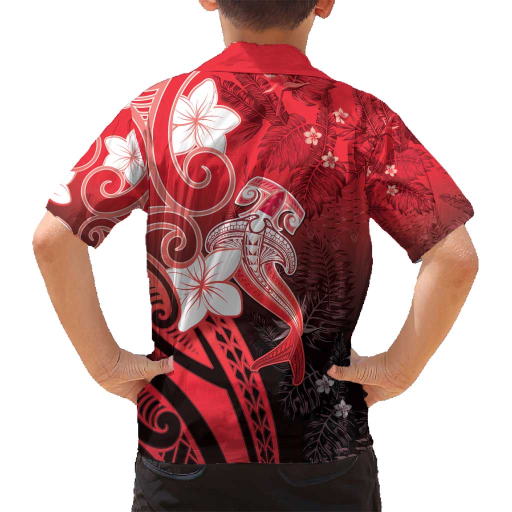 Polynesia Hammerhead Shark Family Matching Off Shoulder Short Dress and Hawaiian Shirt Red Tribal Pattern With Plumeria - Polynesian Pride