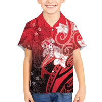 Polynesia Hammerhead Shark Family Matching Puletasi and Hawaiian Shirt Red Tribal Pattern With Plumeria - Polynesian Pride