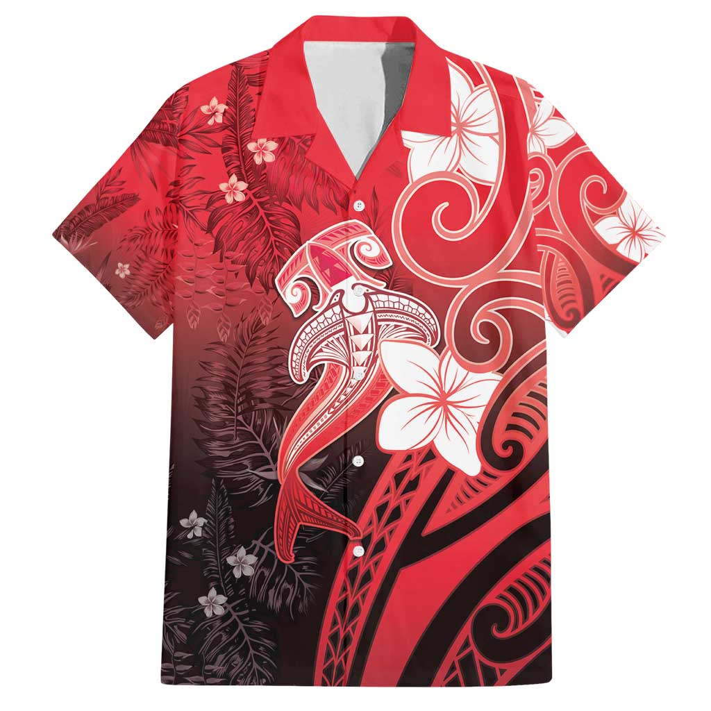 Polynesia Hammerhead Shark Family Matching Summer Maxi Dress and Hawaiian Shirt Red Tribal Pattern With Plumeria - Polynesian Pride