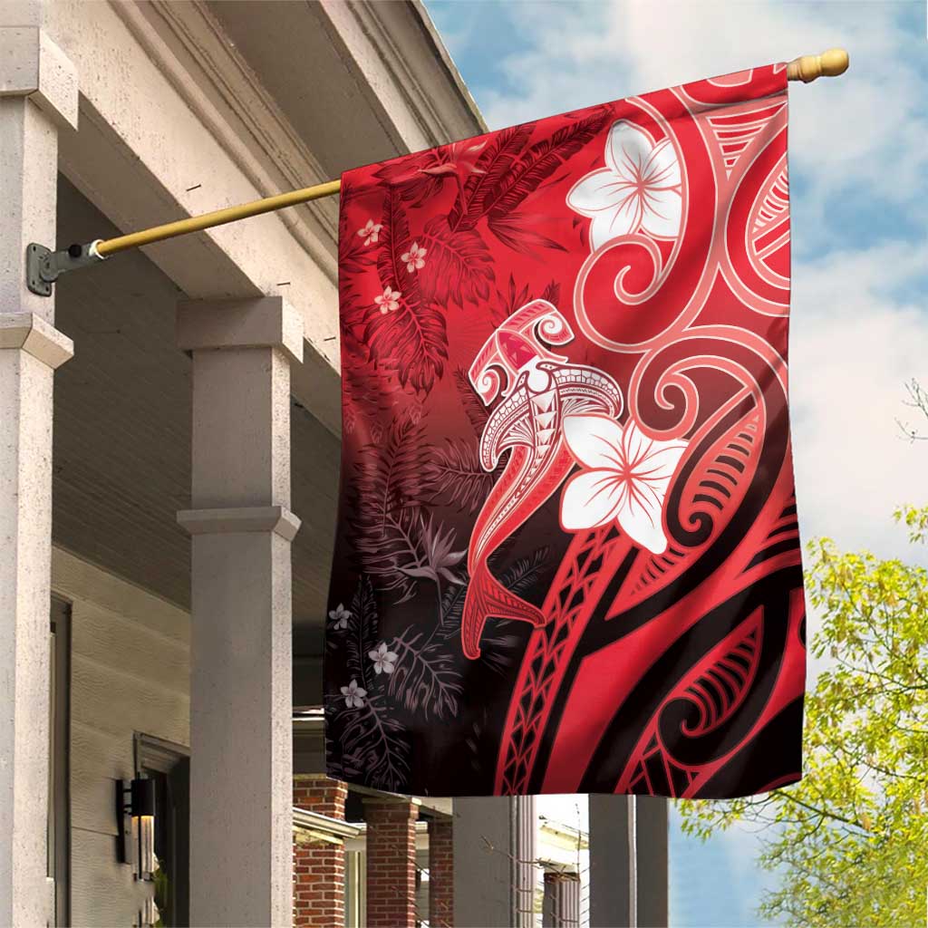 Polynesia Hammerhead Shark Garden Flag Red Tribal Pattern With Plumeria - Polynesian Pride