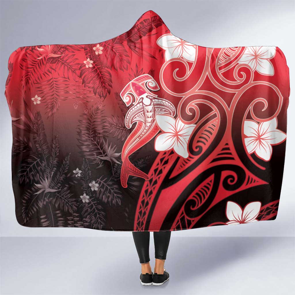 Polynesia Hammerhead Shark Hooded Blanket Red Tribal Pattern With Plumeria - Polynesian Pride