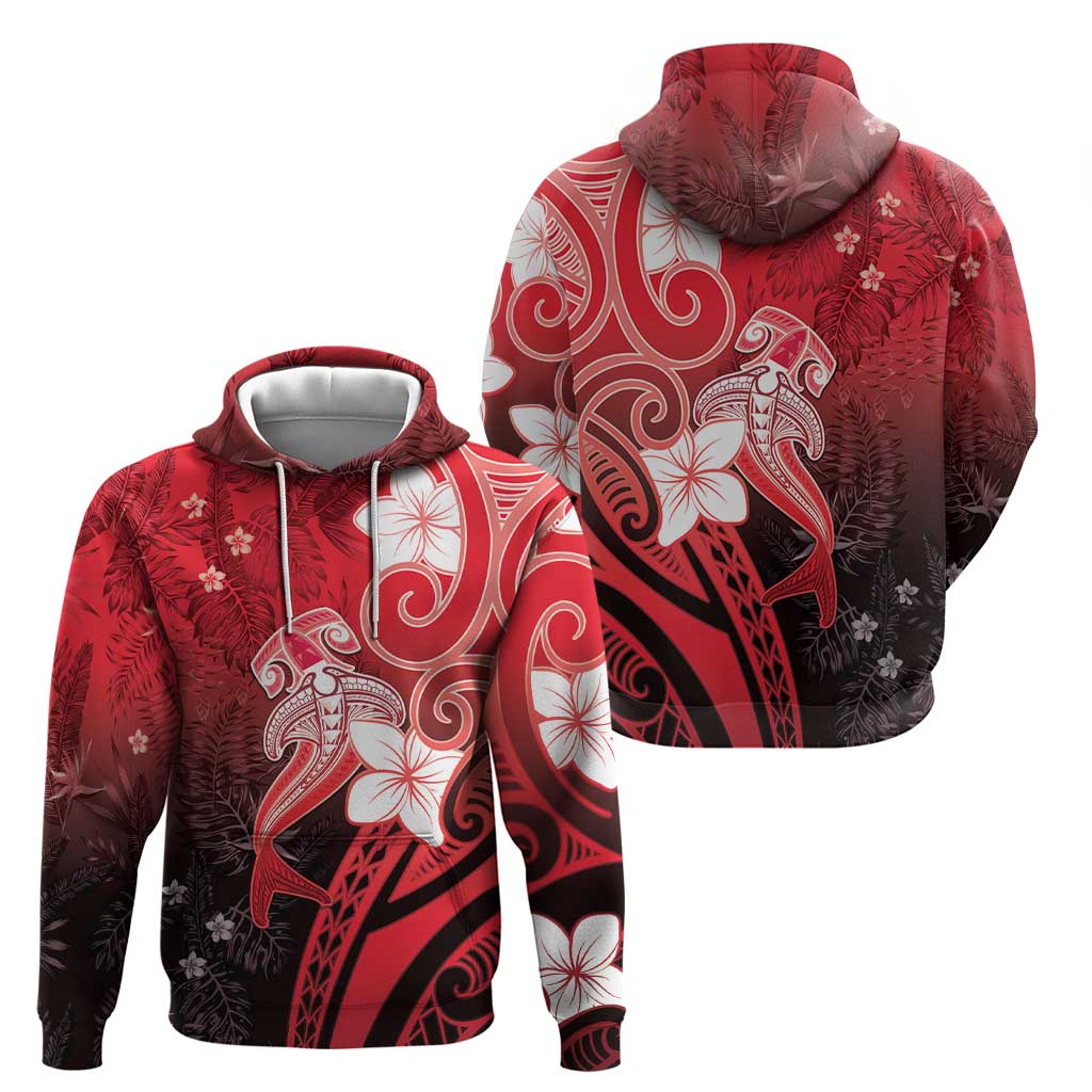 Polynesia Hammerhead Shark Hoodie Red Tribal Pattern With Plumeria - Polynesian Pride