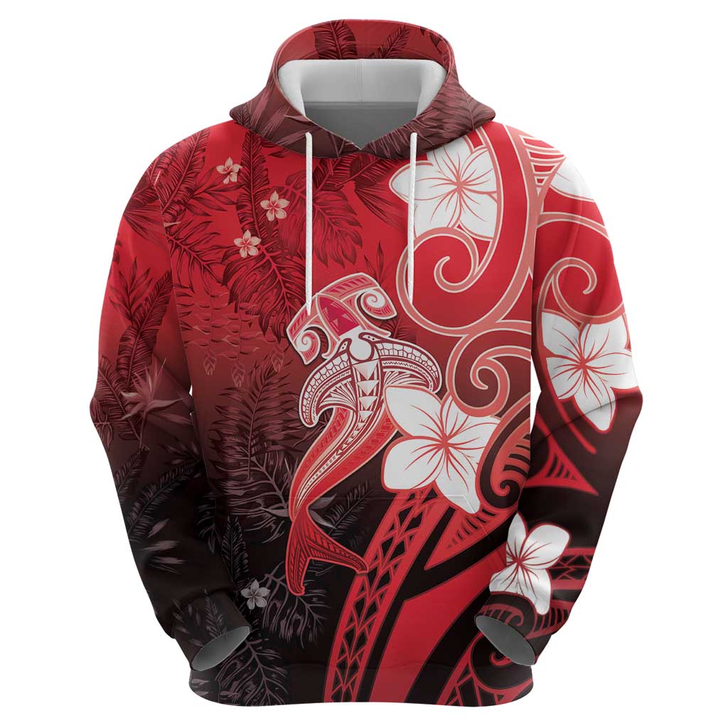Polynesia Hammerhead Shark Hoodie Red Tribal Pattern With Plumeria - Polynesian Pride