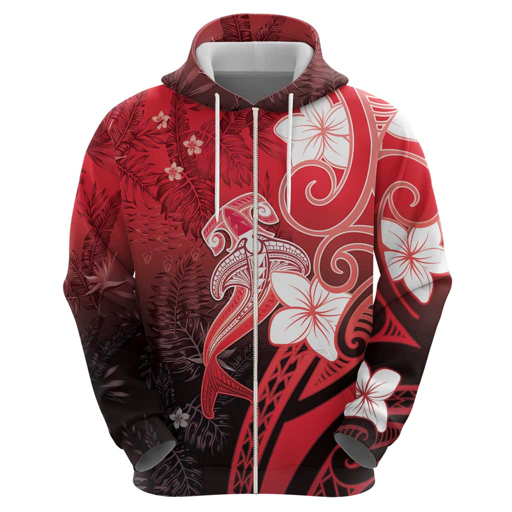 Polynesia Hammerhead Shark Hoodie Red Tribal Pattern With Plumeria - Polynesian Pride