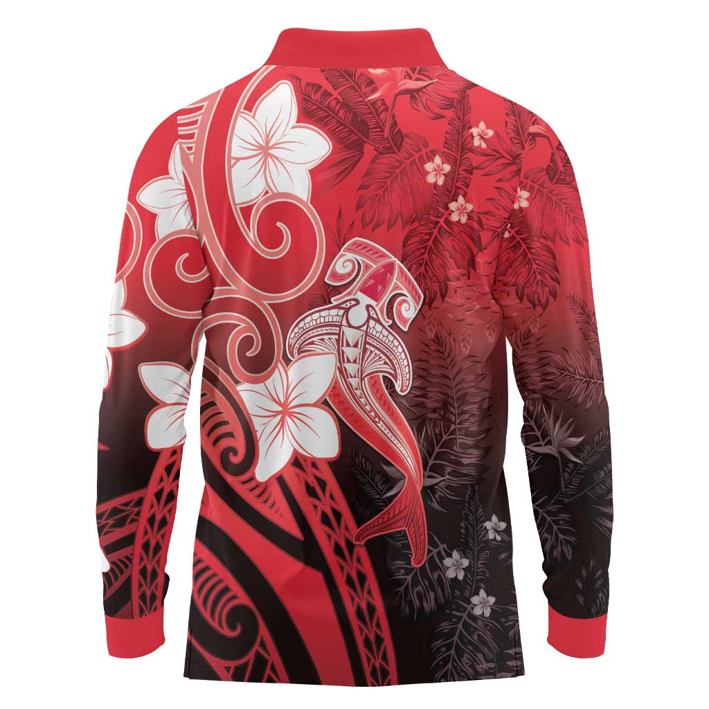 Polynesia Hammerhead Shark Long Sleeve Polo Shirt Red Tribal Pattern With Plumeria - Polynesian Pride