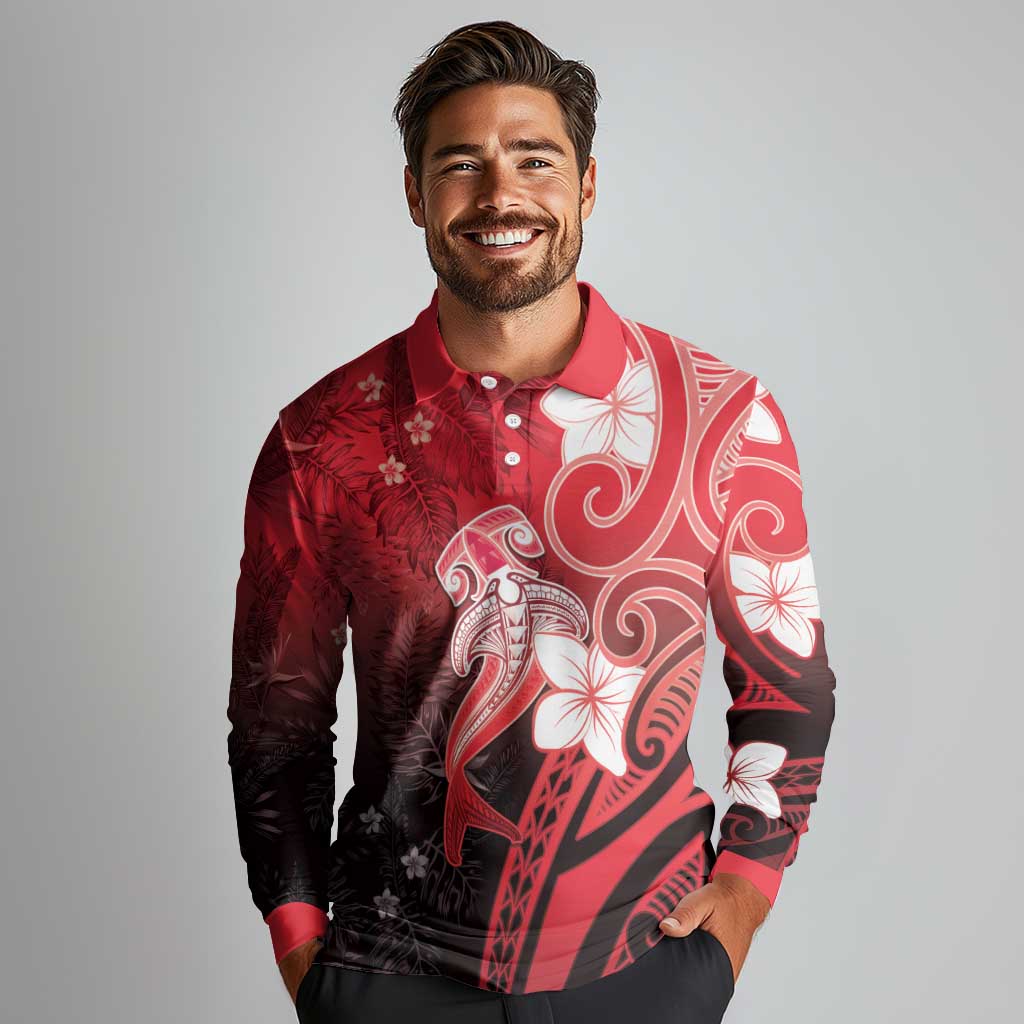 Polynesia Hammerhead Shark Long Sleeve Polo Shirt Red Tribal Pattern With Plumeria - Polynesian Pride