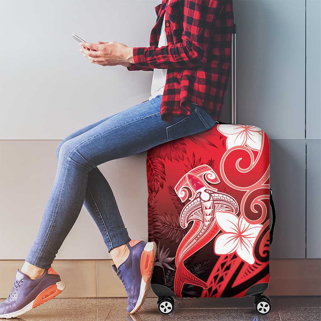 Polynesia Hammerhead Shark Luggage Cover Red Tribal Pattern With Plumeria - Polynesian Pride