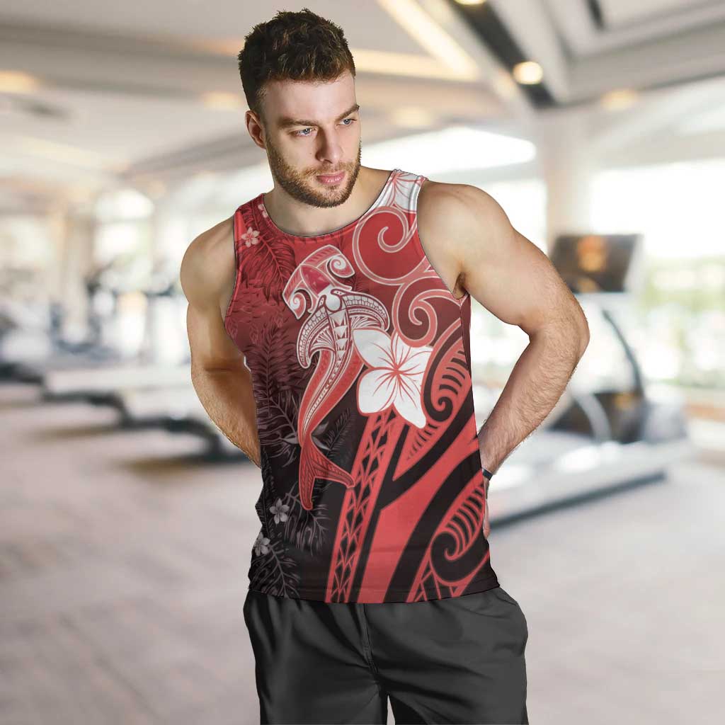Polynesia Hammerhead Shark Men Tank Top Red Tribal Pattern With Plumeria - Polynesian Pride