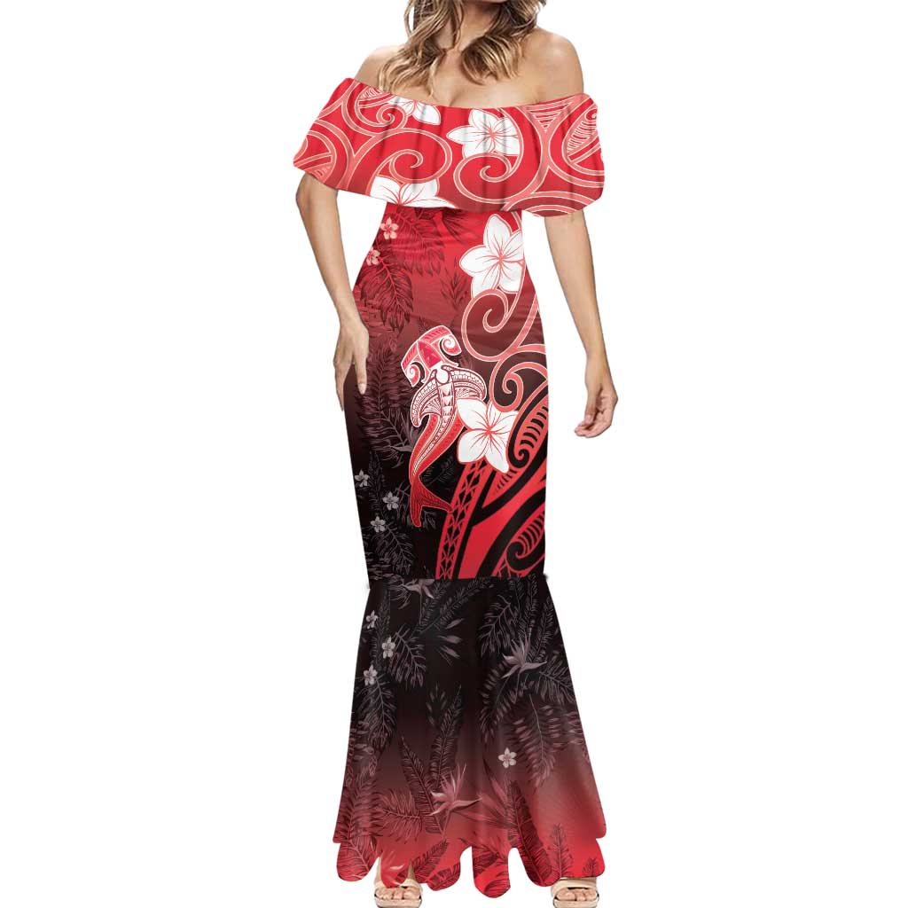 Polynesia Hammerhead Shark Mermaid Dress Red Tribal Pattern With Plumeria - Polynesian Pride
