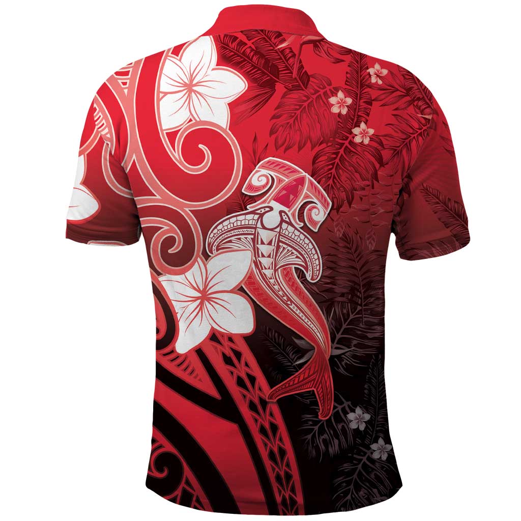 Polynesia Hammerhead Shark Polo Shirt Red Tribal Pattern With Plumeria - Polynesian Pride