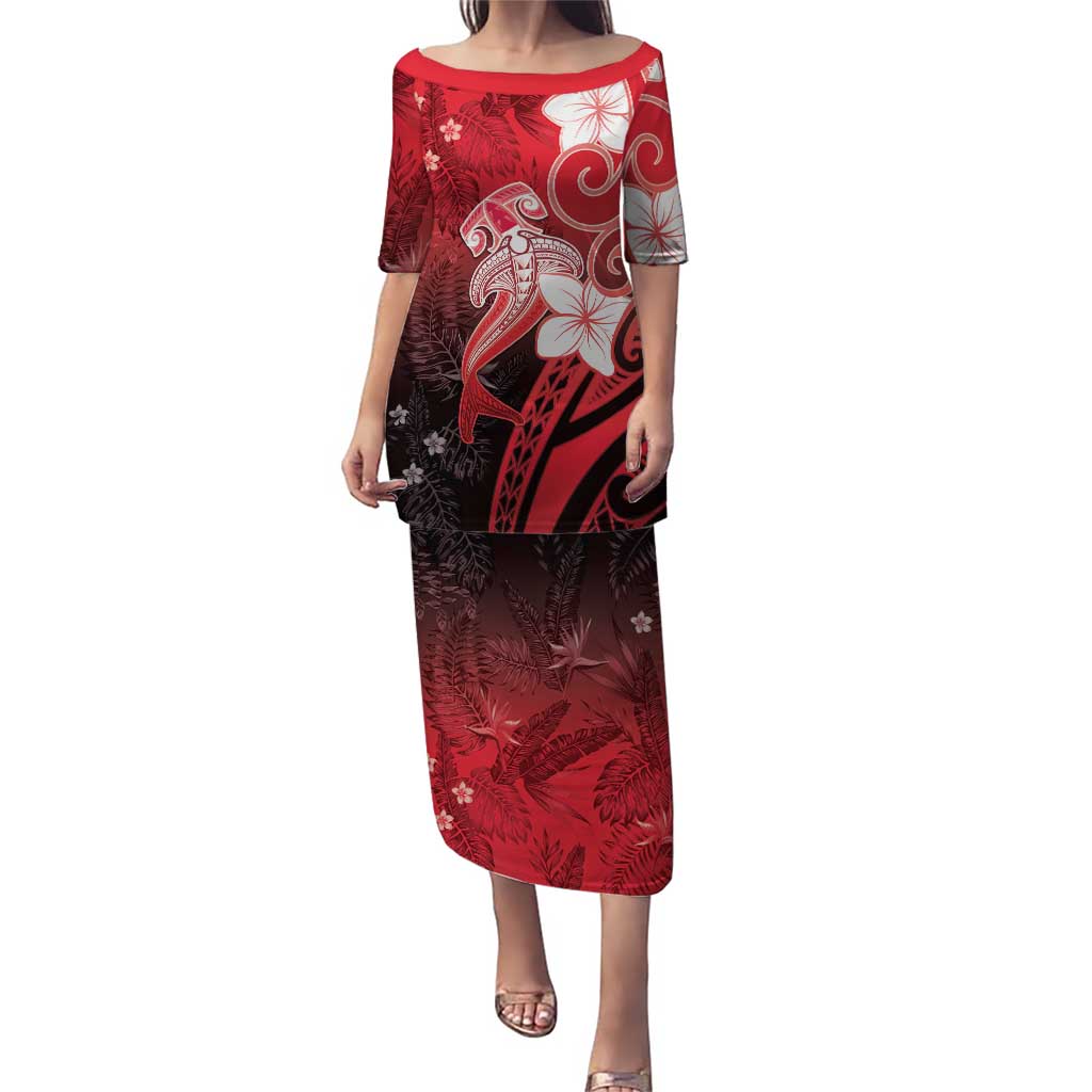 Polynesia Hammerhead Shark Puletasi Red Tribal Pattern With Plumeria - Polynesian Pride