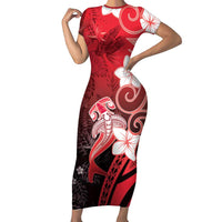 Polynesia Hammerhead Shark Short Sleeve Bodycon Dress Red Tribal Pattern With Plumeria - Polynesian Pride