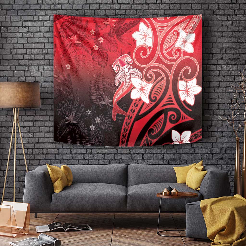 Polynesia Hammerhead Shark Tapestry Red Tribal Pattern With Plumeria - Polynesian Pride