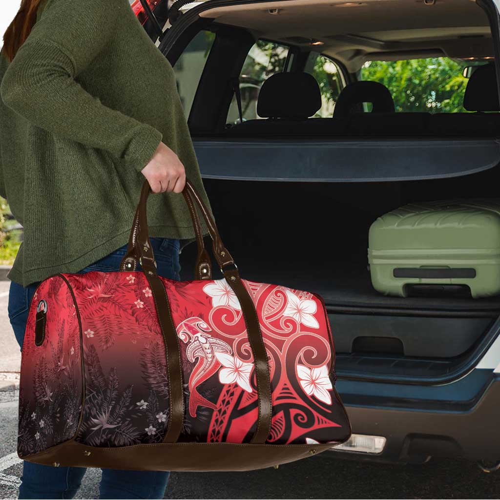 Polynesia Hammerhead Shark Travel Bag Red Tribal Pattern With Plumeria - Polynesian Pride