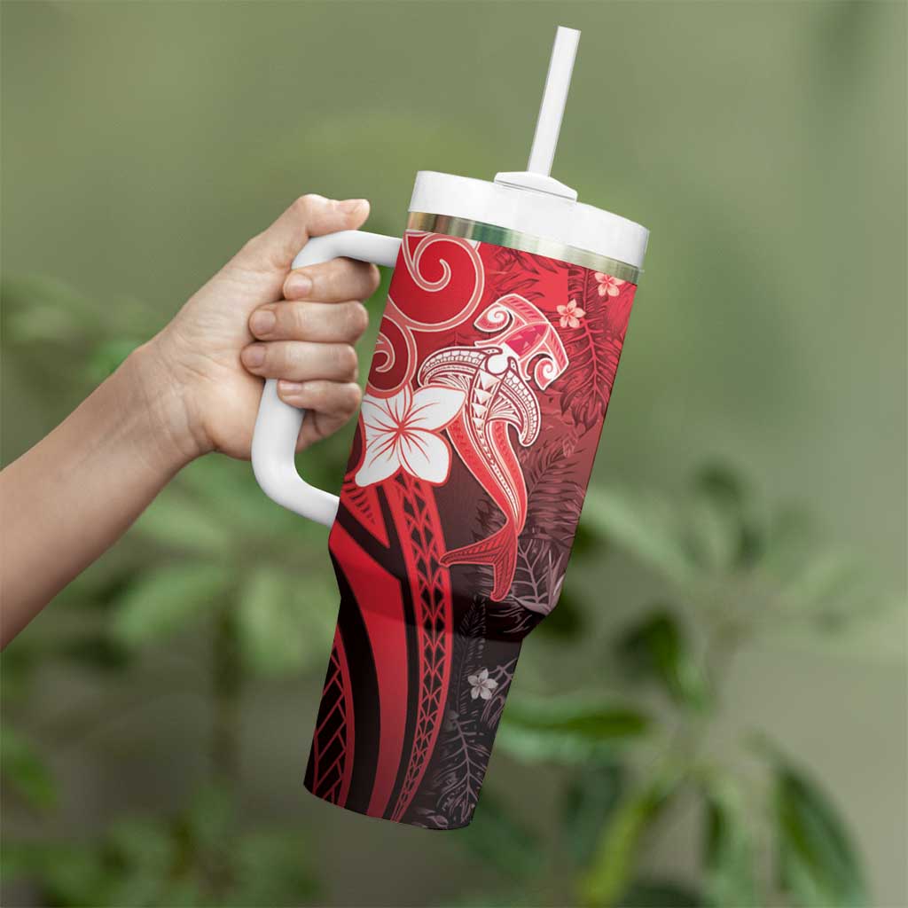 Polynesia Hammerhead Shark Tumbler With Handle Red Tribal Pattern With Plumeria - Polynesian Pride