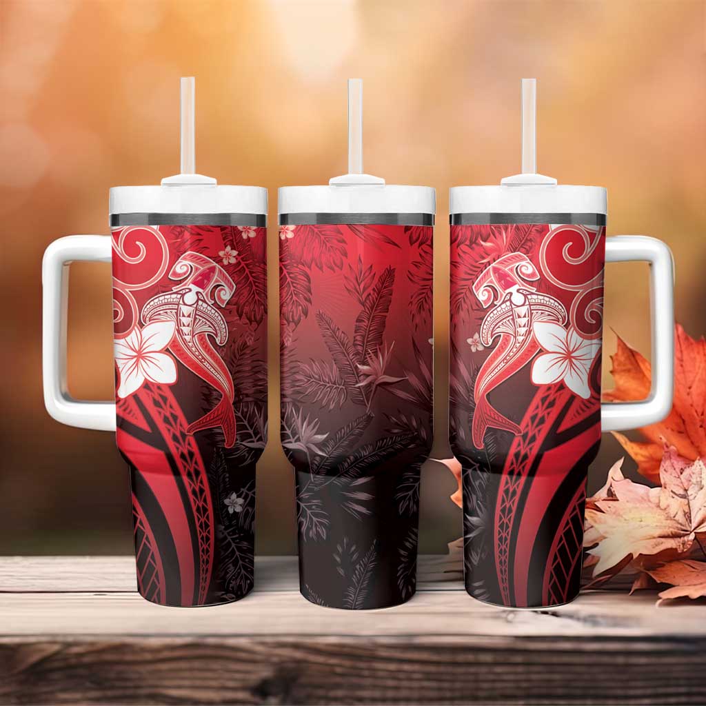 Polynesia Hammerhead Shark Tumbler With Handle Red Tribal Pattern With Plumeria - Polynesian Pride