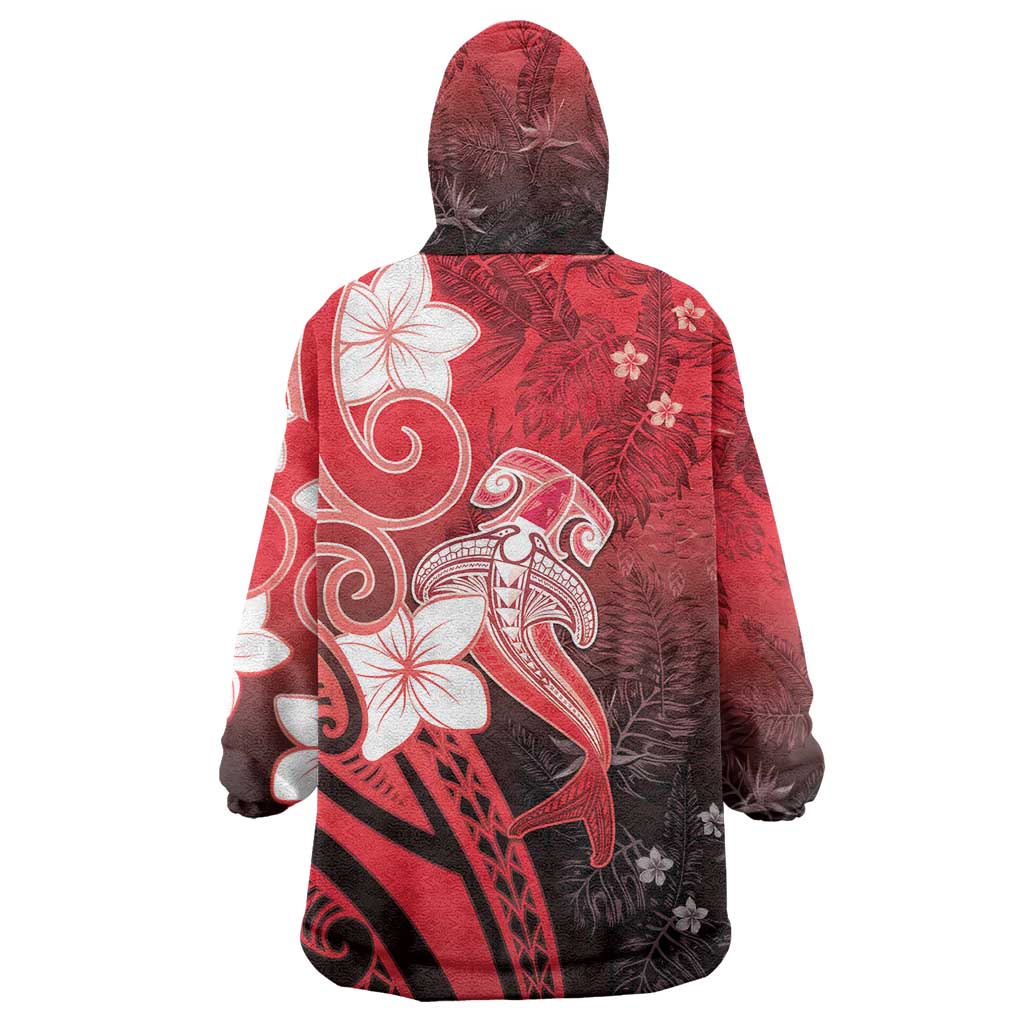 Polynesia Hammerhead Shark Wearable Blanket Hoodie Red Tribal Pattern With Plumeria - Polynesian Pride