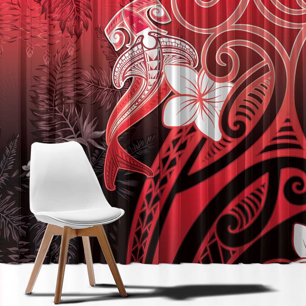 Polynesia Hammerhead Shark Window Curtain Red Tribal Pattern With Plumeria - Polynesian Pride