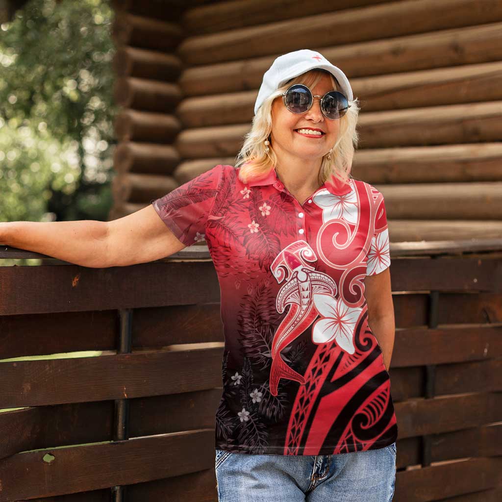 Polynesia Hammerhead Shark Women Polo Shirt Red Tribal Pattern With Plumeria - Polynesian Pride