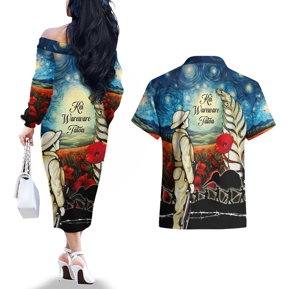 Kei Wareware Tatou New Zealand ANZAC Day Couples Matching Off The Shoulder Long Sleeve Dress and Hawaiian Shirt Starry Night Inspo Style LT05 - Polynesian Pride